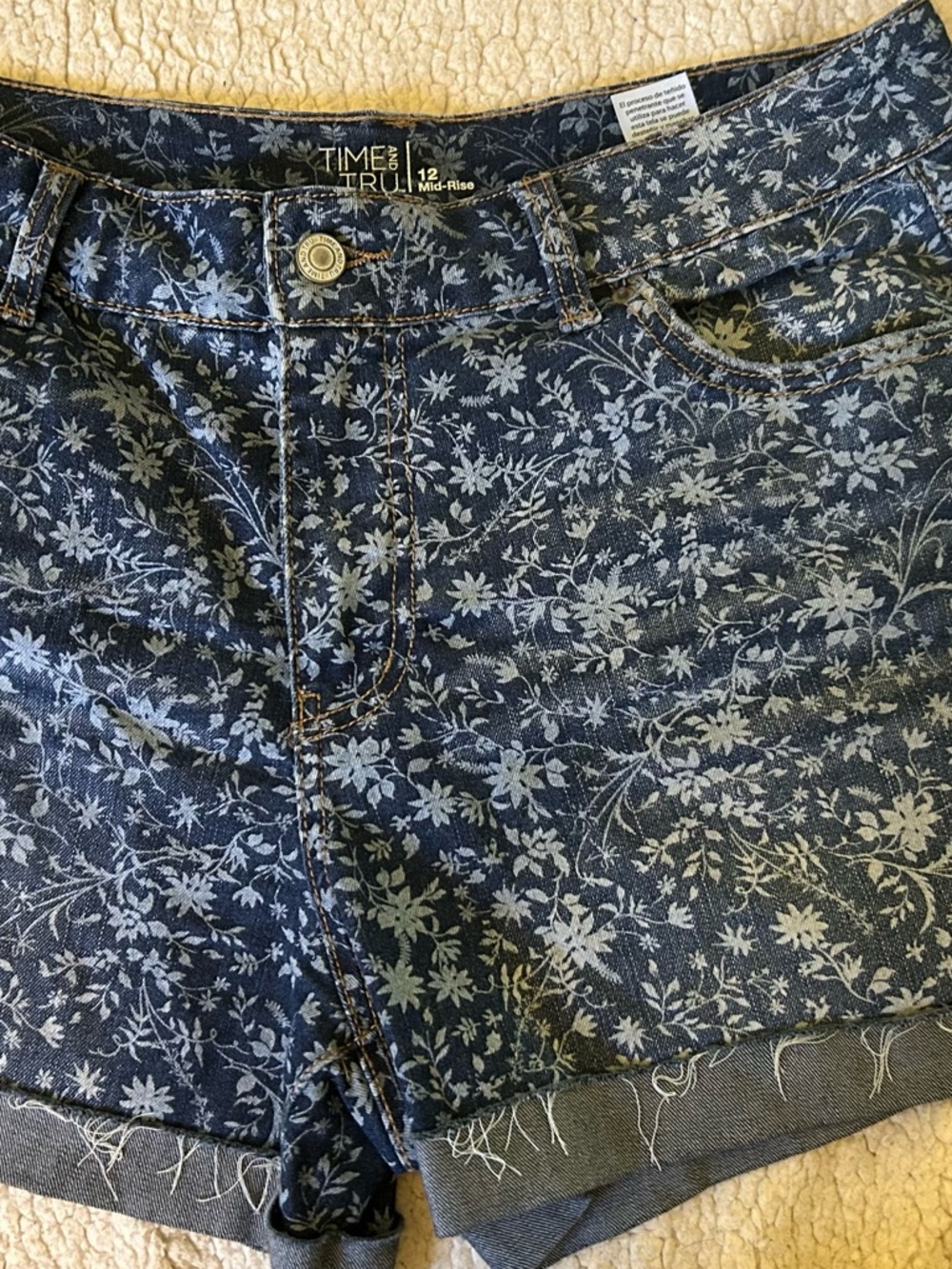 Time and Tru Blue Floral Denim Jean Shorts